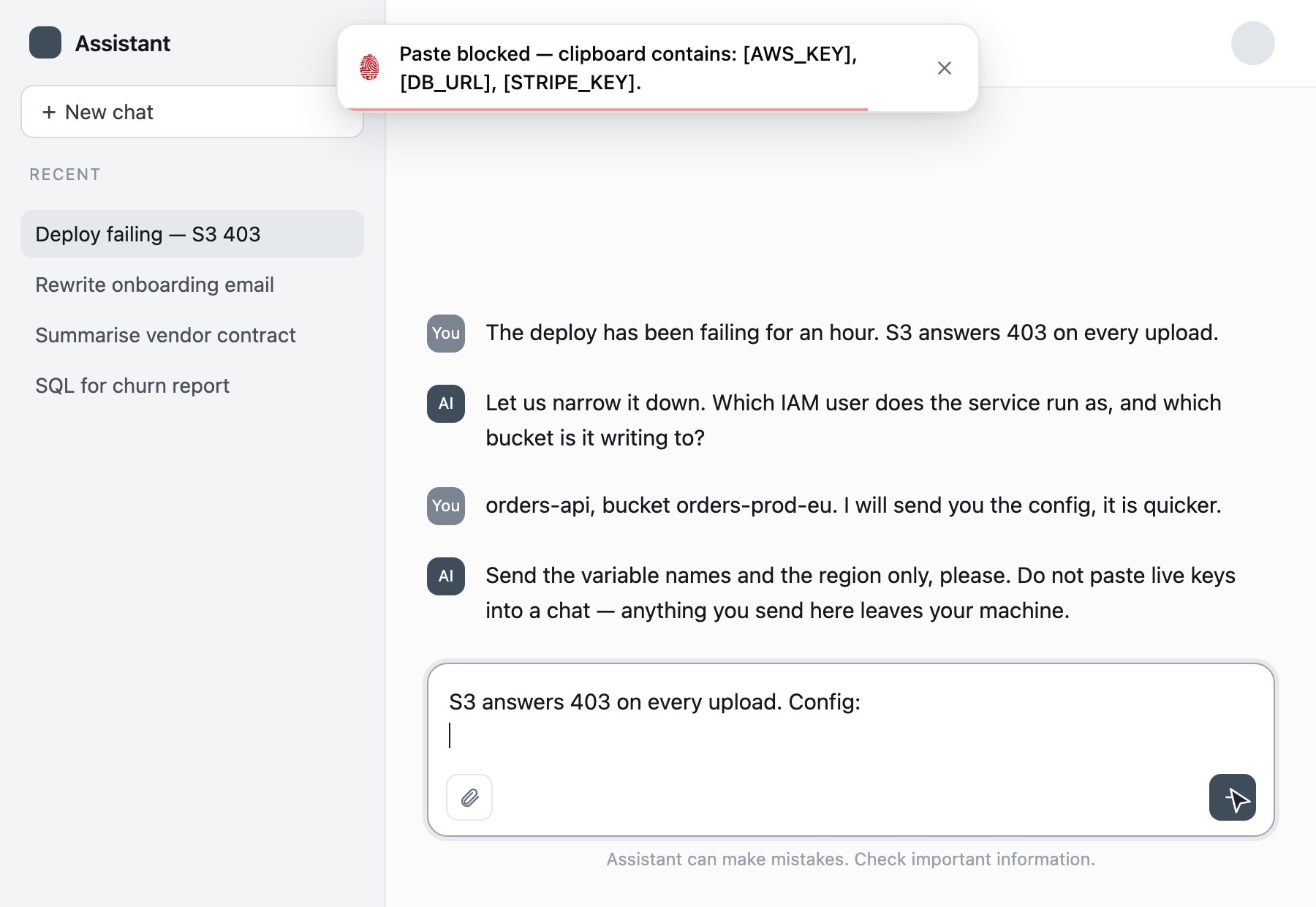 An engineer pastes a production .env file into an AI assistant and Capsulla blocks the paste.