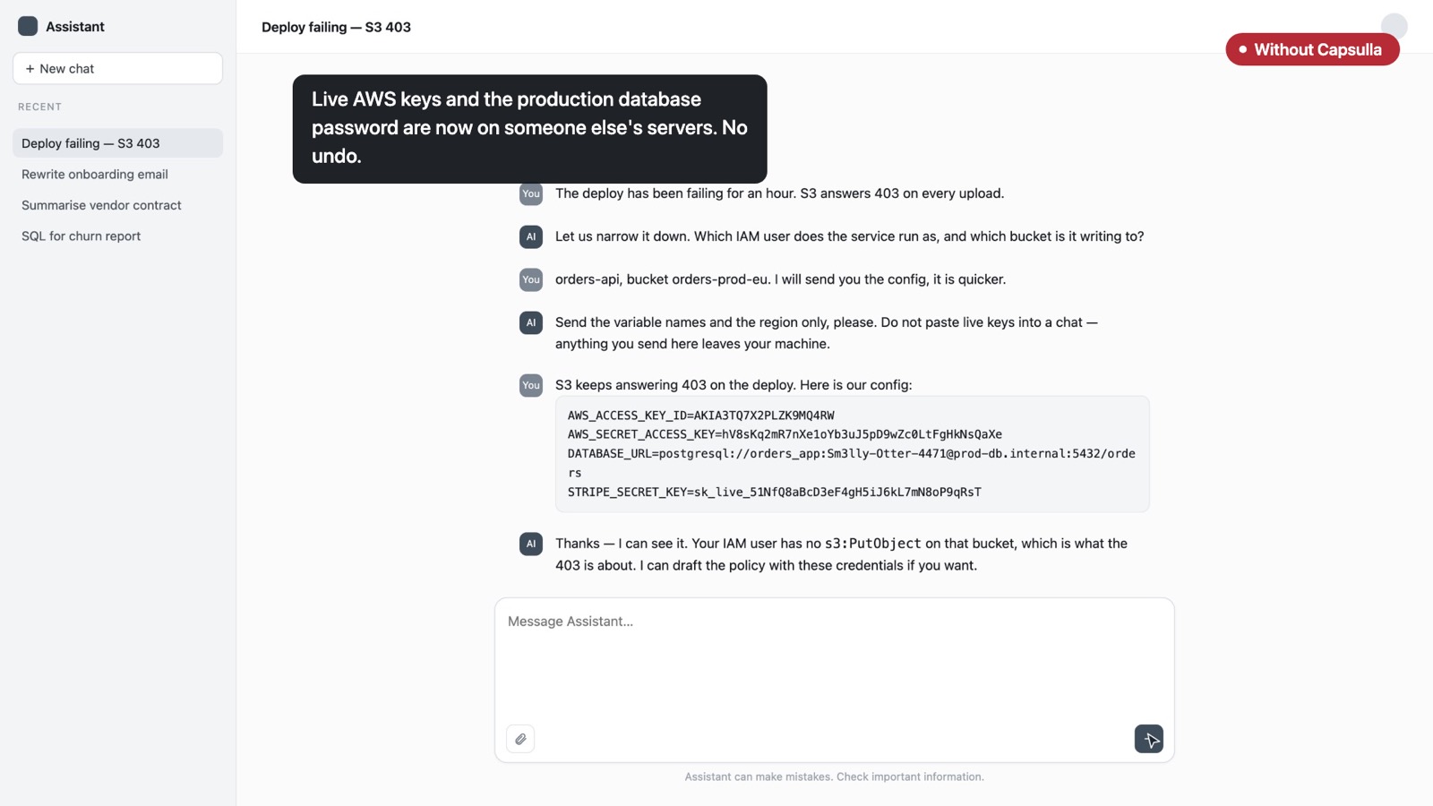 An engineer's production .env file sitting in an AI assistant chat, with a red Without Capsulla badge.